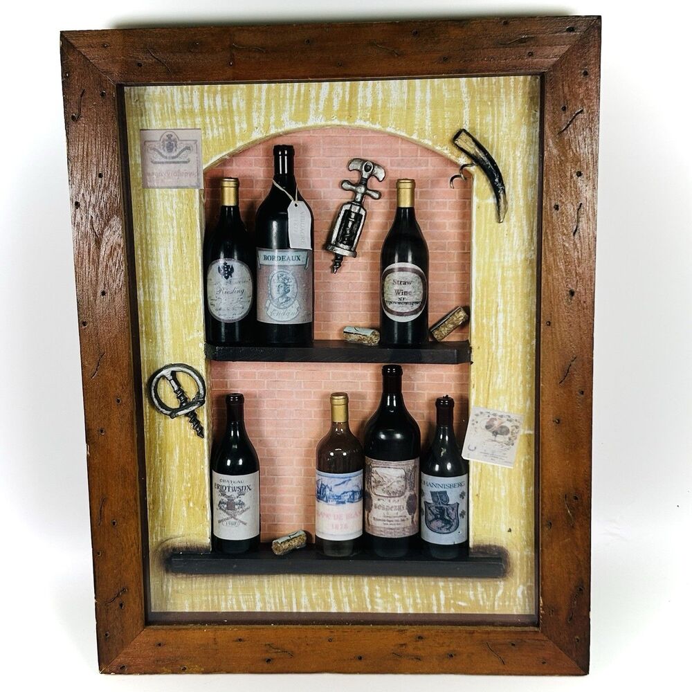 Vintage 3D Wood & Glass Shadow Box Picture Diorama Wine Bottles/Openers Shelves